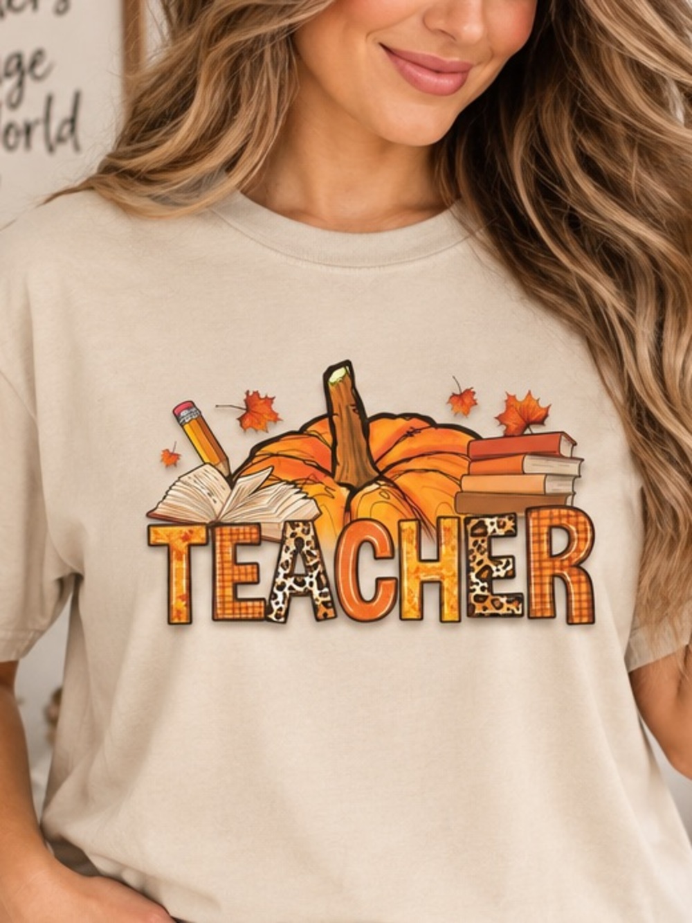Women's Beige 'Teacher' Pumpkin Graphic Tee
